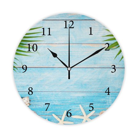 Wellsay Round Wall Clock, Summer Background with Palm Leaves 10in Battery Operated Quartz Analog Quiet Desk Clock for Home,Kitchen,Office,School