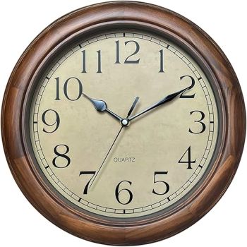 Wood Wall Clock with Retro Design, 12 Inch Round, Big Arabic Numerals, for Living Room Kitchen Classroom Gym and Pool, Brown