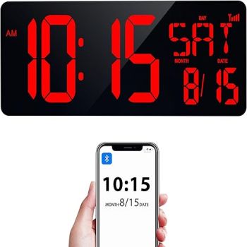 XREXS 17.2 Large Digital Wall Clock Bluetooth Sync Time, Precise Atomic Clocks with Remote Control, Adjustable Dimmer Grandfather Clock, Temperature Clock for Bedroom, Desk Alarm Clock for Teens