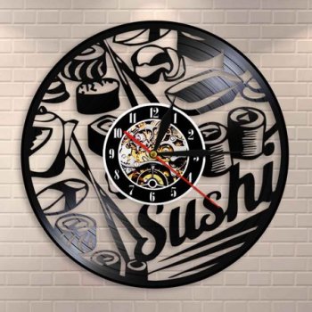 YanGxx Japanese Foodie Sushi Roll Wall Clock Sashimi Sushi Bar Vintage Vinyl Record Wall Clock Sushi Party Janpanese Gourmet Wall Decor