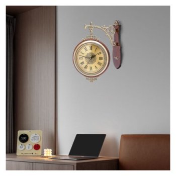 ZHOUJIA Vintage Wall Clock Quartz Clock Silent Non-Ticking Clock Wooden Double Sided NEW