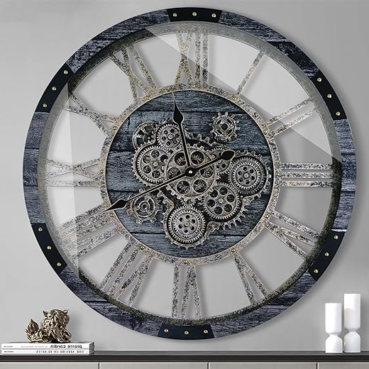 36 Inch Moving Gear Wall Clock, Oversized Wall Clocks, Clock Living Room Decor, Solid Wood Frame, Battery Operated, Large Wall Clock with Steampunk Industrial for Fireplace(Gray)