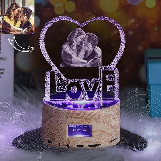 3D Crystal Photo, Heart-Shaped Love Photo Custom Night Light Personalized 3D Crystal Lamp Bluetooth Rotation Crystal Photo Frame Best Gift for Couple Love Women Men Wedding Christmas