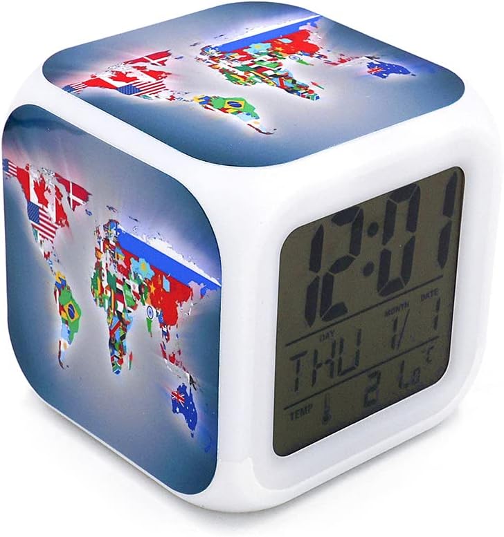 3＂Desk & Shelf Clock World Map Grey Digital Alarm Clock with Led Lights Plastic Table Clock for Kids Teenagers Adults Home/Office Decor