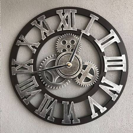 3D Large Silent Wall Clock Wooden Retro Classic Gear Wall Clock Retro Roman Numeral Clock Living Room Steampunk European Industrial Decoration,Bar,Silver,40 40cm