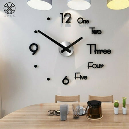 3D Large Wall Clock Frameless Mirror Number Sticker Modern Art Decal Decor (Black)