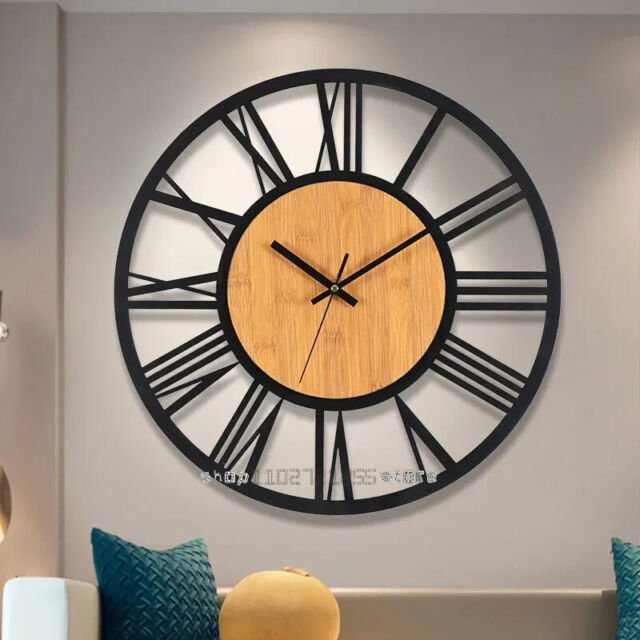 3D Large Wall Clocks Nordic Roman Numerals Retro Round Wood Metal Iron Accurate