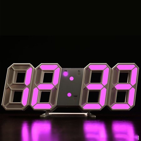 3D LED Digital Alarm Clock Table Wall Modern Alarm Clock Multifunctional Number Time Clock, Brightness Adjustable Snooze Function Temperature Display for Bedroom Office Home - Pink