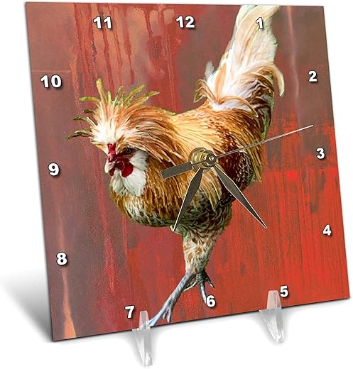 3dRose 6x6 Desk Clock - Rooster, Red Background Animals