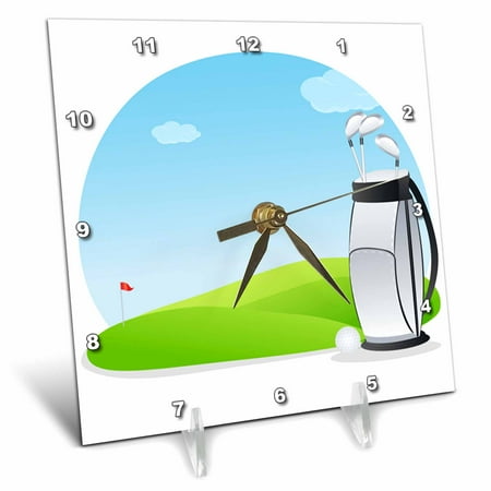 3dRose A Golf Bag Of Golf Clubs and a Golf Ball Illustration - Desk Clock, 6 by 6-inch