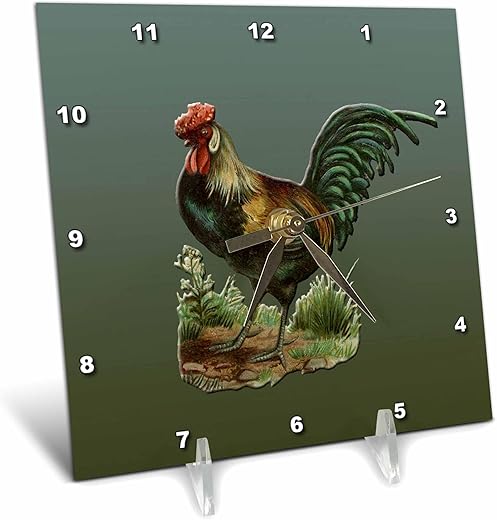 3dRose dc_170774_1 Colorful Rooster with Tan, Orange and Green Feathers Desk Clock, 6 by 6-Inch