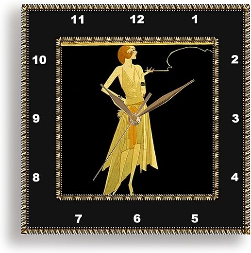 3dRose DPP_39590_2 Art Deco Lady with Gold Frame Wall Clock, 13 by 13-Inch, Black