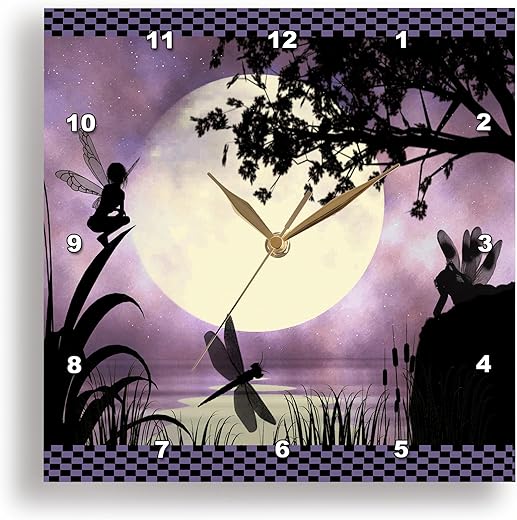 3dRose Fairies and Dragonflies with an Purple Moon Wall Clock, 10 by 10-Inch