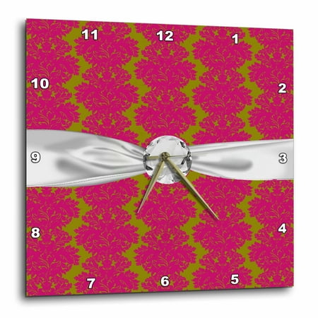 3dRose Fuschia Pink Olive Green Ornate Intricate Damask Pattern Faux Diamond Ribbon - Wall Clock, 13 by 13-inch