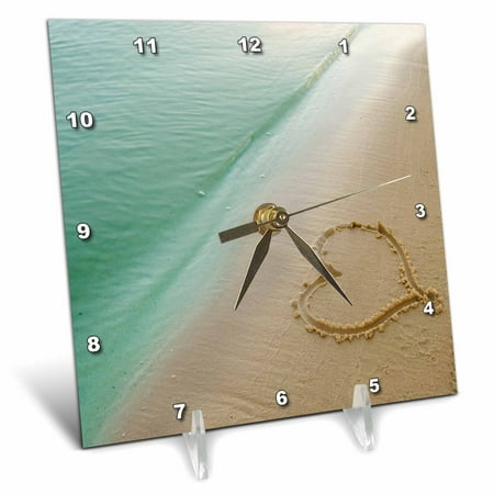 3dRose Heart Shape Symbolizing Love, Heart Carved in Sand on the Beach, Desk Clock, 6 by 6-inch