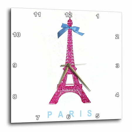 3dRose Hot Pink Eiffel Tower from Paris with girly blue ribbon bow - White stylish Parisian France souvenir - Wall Clock, 13 by 13-inch