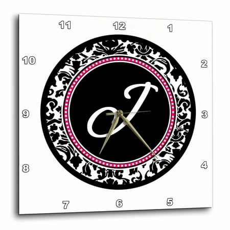 3dRose Letter J stylish monogrammed circle - girly personal initial personalized black damask with hot pink - Wall Clock, 15 by 15-inch