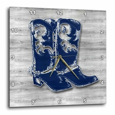 3dRose Pair of Cowboy Boots for Western Theme in Blue and Gray Wood Patterns - Wall Clock, 10 by 10-inch