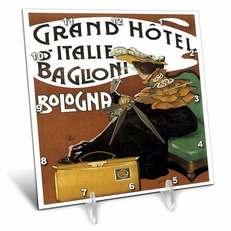 3dRose Vintage Grand Hotel d 'Italie Baglioni Balogna Italy Luggage Label - Desk Clock, 6 by 6-inch