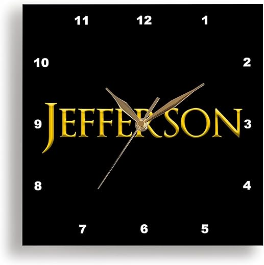 3dRose Wall Clock Silent - 15 inch - Jefferson Classic boy Baby Name in America. Yellow on Black Charm - Alexis Design - Popular Male Names in USA