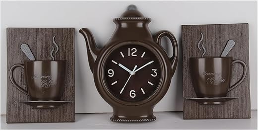 3 Piece Coffee Wall Clock with Mugs Accent, Brown, 9x11 Inches