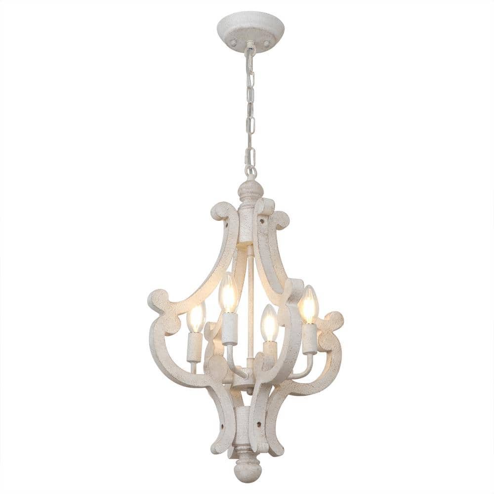 4-Light Distressed White Farmhouse Cage Rustic Wood Chandelier for Kitchen Island Dining...