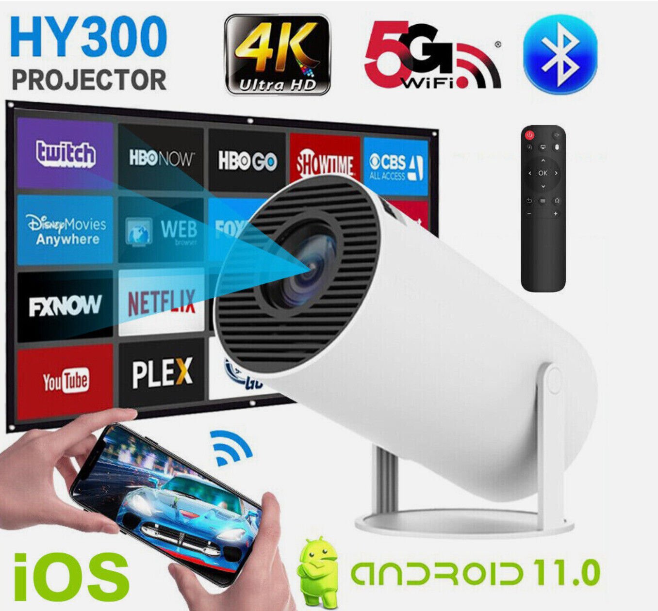 4K Mini Projector 10000 Lumen LED 1080P WiFi Bluetooth UHD Portable Home Theater
