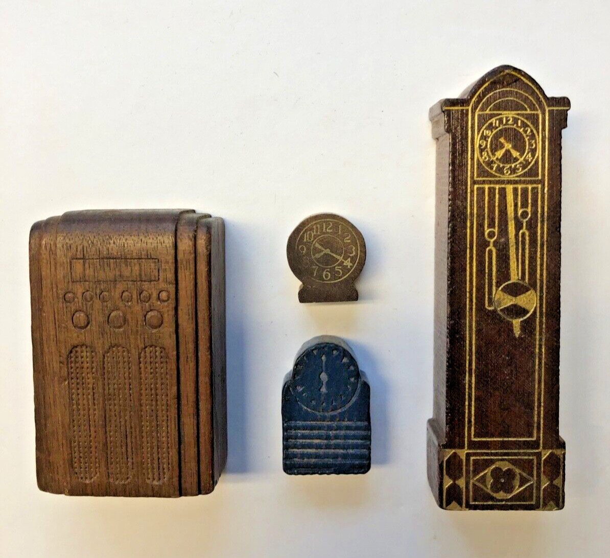 4 PC Antique Wooden Dollhouse Furniture - Grandfather Clock, Radio, Table Clocks