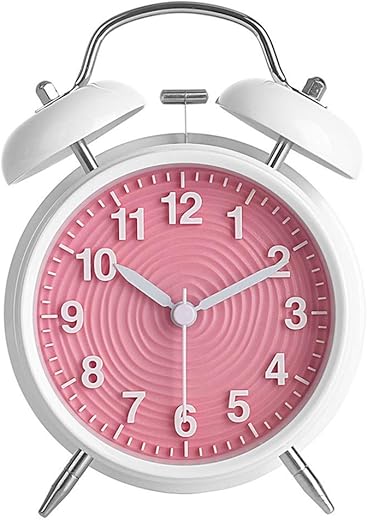 4” Twin Bell Alarm Clock Non-Ticking Bedside Table Travel Clock Vintage Alarm Clock with Nightlight and Loud Alarm, Battery Operated (Not Included) - Pink