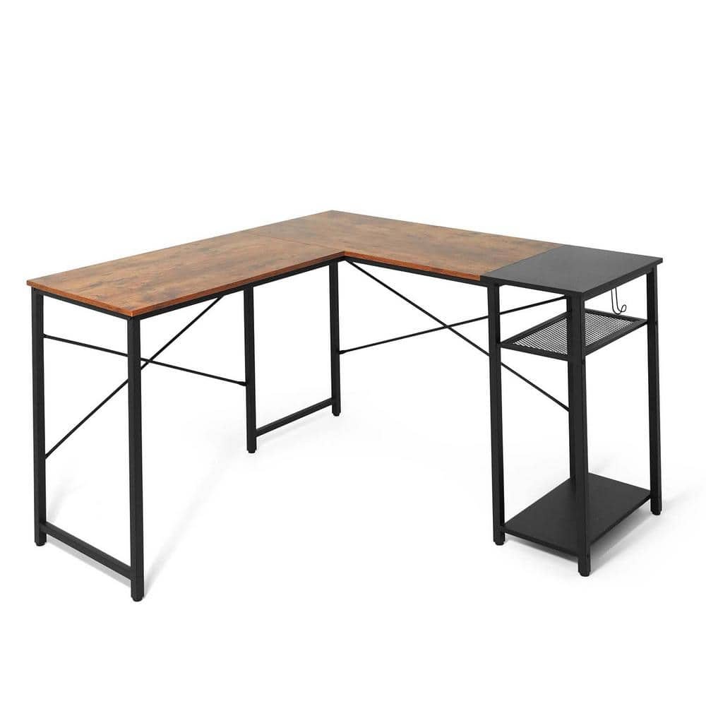 51 in. L-Shaped Computer Desk, Study Writing Corner Desk with 2-Tier Storage...