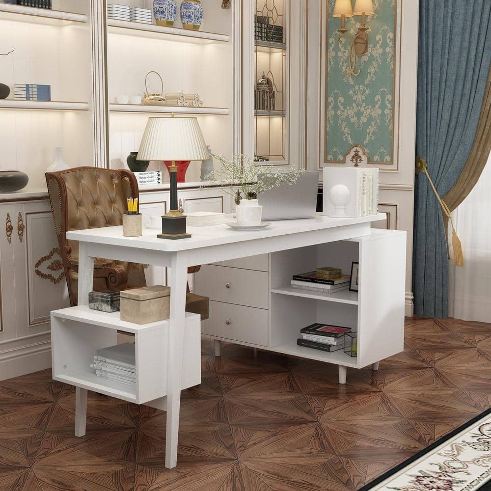 55.1 in. Width L-shaped White Wood Grain Wooden 3-Drawer Writing Desk, Computer...