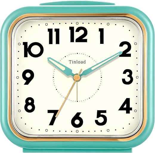 5.5 Silent Analog Alarm Clock • Non Ticking • Gentle Wake • Beep Sounds • Increasing Volume • Battery Operated Snooze and Light Functions • Retro Green