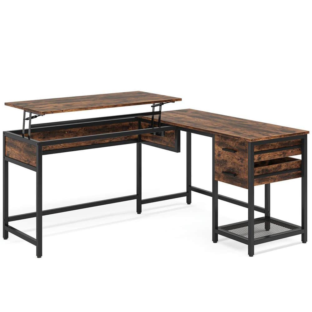 59 in. L-Shaped Rustic Brown Wood 2 Drawer Computer Desk with Lift...