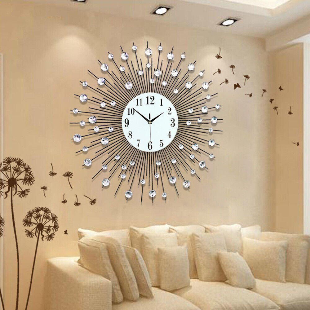 60x60cm Home Decor Large Modern Sun Design Crushed Diamond Crystal Wall Clock