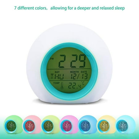 7-Colors Changing LED Nightlight Digital Calendar Temp Alarm Clock For Kids