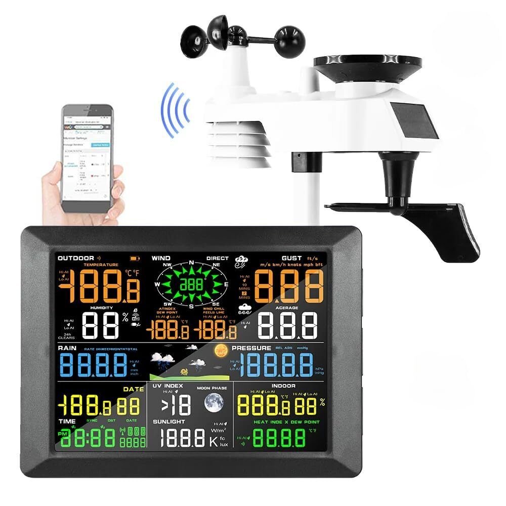 7-in-1 WiFi Smart Weather Station Big 10" Color LCD and Outdoor Wireless Sensors