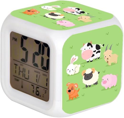 7 Color Change LED Digital Alarm Clock with Date Alarm Thermometer Home Desktop Child Alarm Clock Farm Animal