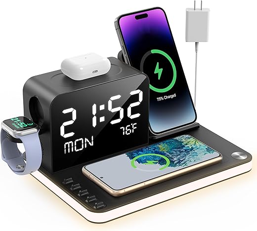 7 in 1 Charging Station with Clock, Wireless Charger with Night Light, Bluetooth TimeSync Temperature,Fast Charger for iPhone 16/16 pro/16 pro max/15/14/13/12/11 All Series & Airpods& iWatch