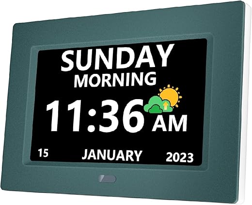 7 Inch Digital Clock with Day and Date for Elderly Alzheimer's Dementia Clock Customizable Alarms and Medicine Reminders 3 Display Modes Large Font Digital Alarm Clock for Seniors Green