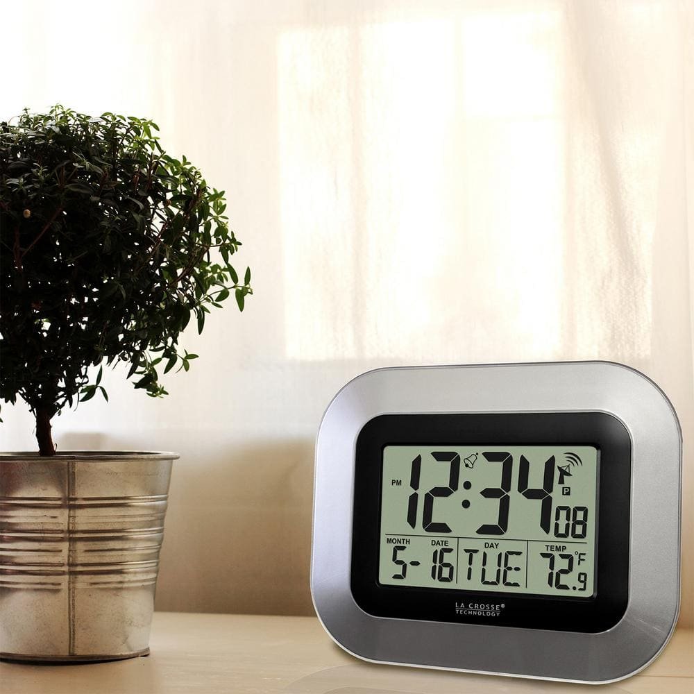 7 in. H Digital Atomic Silver Wall Clock with Indoor Temperature