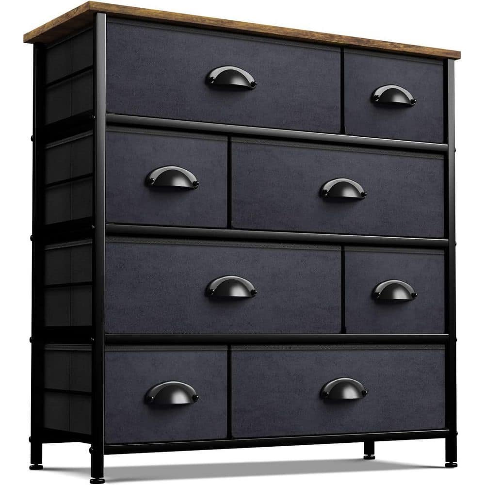 8-Drawer Wood Black Dresser Steel Frame Wood Top Easy Pull Fabric Bins...