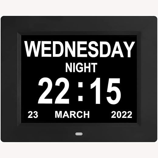 8.7 Inch Digital Day Date Clock with 5 Alarms 3 Medicine Reminders, Large Display Dementia Calendar Clocks for Seniors/Alzheimer's -Black