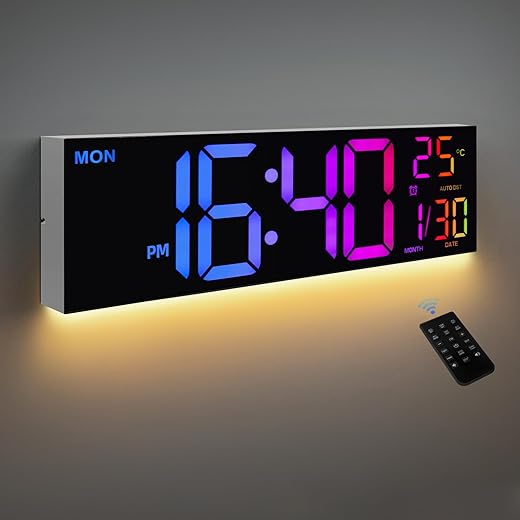 8 Colors Digital Wall Clock, 16.2 Large Digital Clock with Temperature, Date, Auto DST, Night Light, Auto Brightness Dimmer, 24/12-hour Wall Clock for Living Room Office Classroom Gym