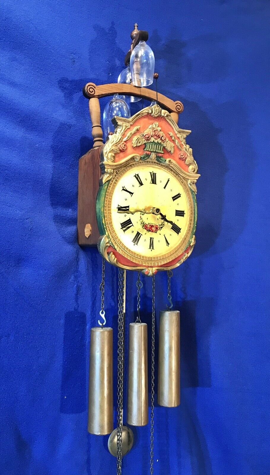 8 DAYS RARE VINTAGE GERMANY SBS FEINTECHNIK BELL GLASS STRIKE CLOCK,3 WEIGHTS