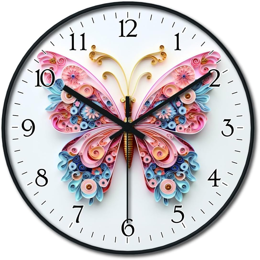 8 inch Vibrant Color Butterfly Pattern, Wall Mounted Clock, Analog Wall Clock Decorative Elegant Wall Clock for Kitchen, Bedroom, Wall Decor