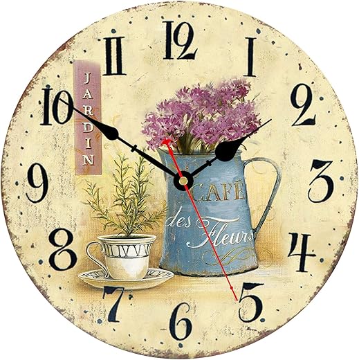 8 Inch Wall Clock Floral French Vintage Wooden Wall Clock Silent Non-Ticking Battery Operated Arabic Numerals Wall Clocks Decorative for Kitchen, Office, Classroom - Cafe and Flowers