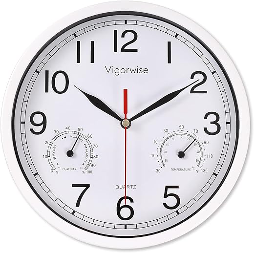 8 Inch White Wall Clock, Sweep Silent Movement Accurate Clocks with Temperature & Humidity, Decorative for Kitchen/Living Room/Bedroom/Office/School/Classroom