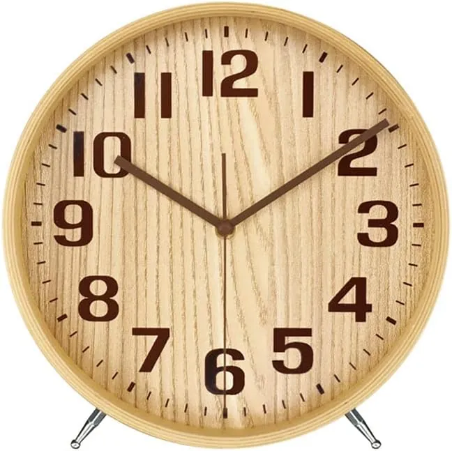 8 Inch Wood Desk Clocks Battery Operated for Living Room Bedroom Bedside Kitchen Round Decor Table Clock Silent Non Ticking Quiet Sweep Second Hand Quartz Large Numerals KSZ823 Natural