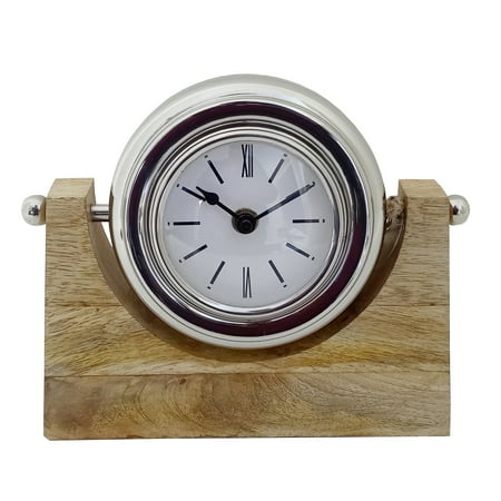 8Lx2Wx7H Table Clock on Wood Stand, Crafted with Wood, Steel, and Glass, Nickel Finish, Decorative Clock for Home and