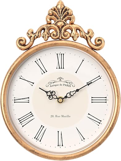 Abdurey Small French Retro Decorative Wall Clock,Antique Gold Round Vintage Style,Battery Operated Silent Boho Decor Wall Clocks for Farmhouse,Kitchen,Bathroom,Bedroom(10.3 H x 7.7 W)